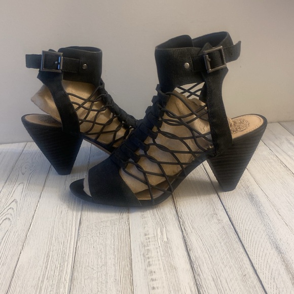 Vince Camuto Black Leather Lacey Heels with Above Ankle Buckle Strap - Picture 2 of 9